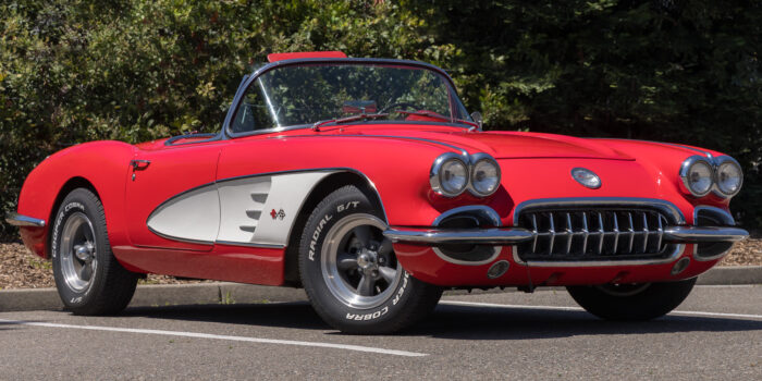 Red 1950s classic Corvette convertible available for rental in Northern California Wine Country
